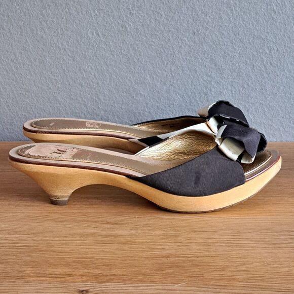 Kate Spade Vintage Women’s 8 Black Bow Kitten Heel Open Toe Sandals Clogs Wood - Picture 9 of 11